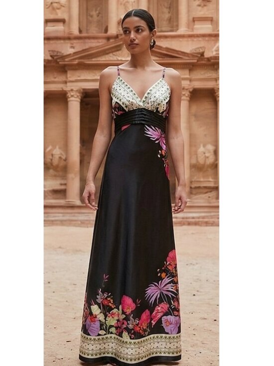 Dresses & Skirts - Boho Silky Black Floral Maxi Dress - Size M | Formal Prom Bridesmaid Long Gown
